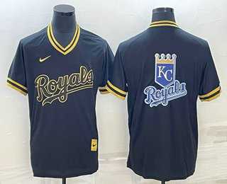 Men%27s Kansas City Royals Big Logo Black Gold Nike Cooperstown Legend V Neck Jerseys